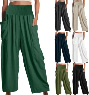 fanmpghleoo Linen Pants Women Summer Smocked Elastic High Waisted Linen Joggers with Pockets Wide Leg Yoga Boho Harem Pants