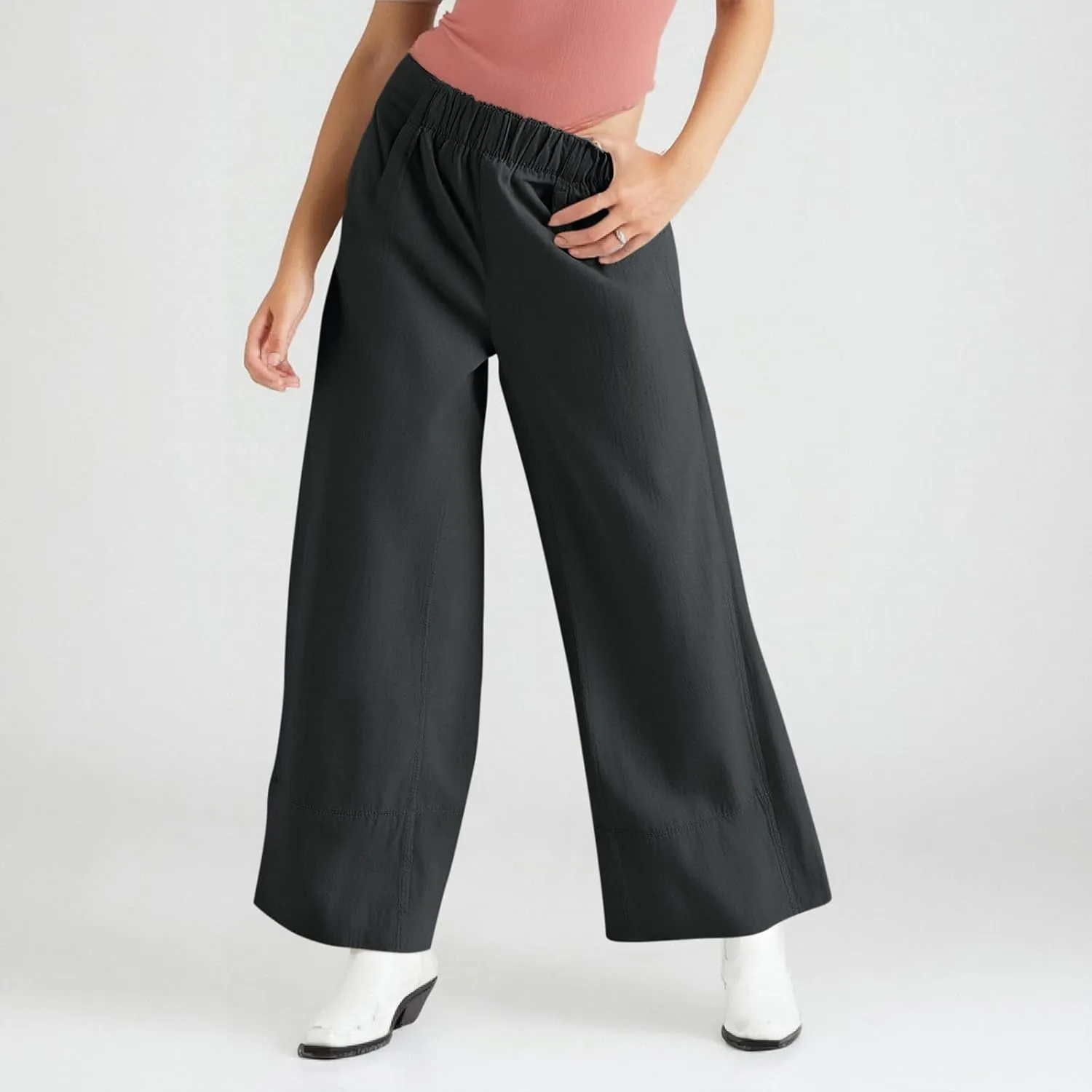 fanmpghleoo Wide Leg Linen Pants Women Summer Casual Elastic High Waisted Linen Trousers with Pockets Beach Vacation Slacks