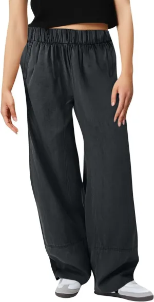 fanmpghleoo Wide Leg Linen Pants Women Summer Casual Elastic High Waisted Linen Trousers with Pockets Beach Vacation Slacks
