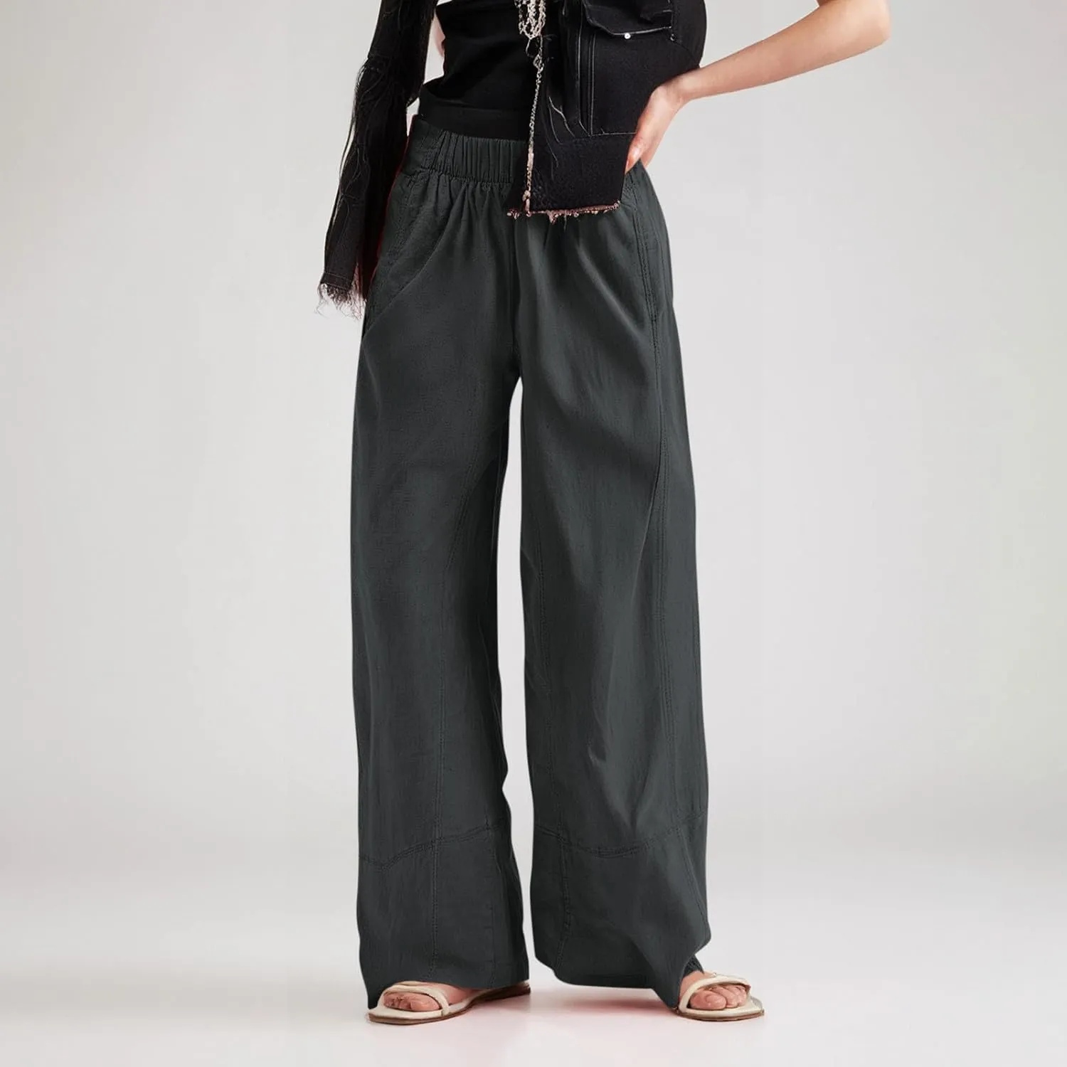fanmpghleoo Wide Leg Linen Pants Women Summer Casual Elastic High Waisted Linen Trousers with Pockets Beach Vacation Slacks
