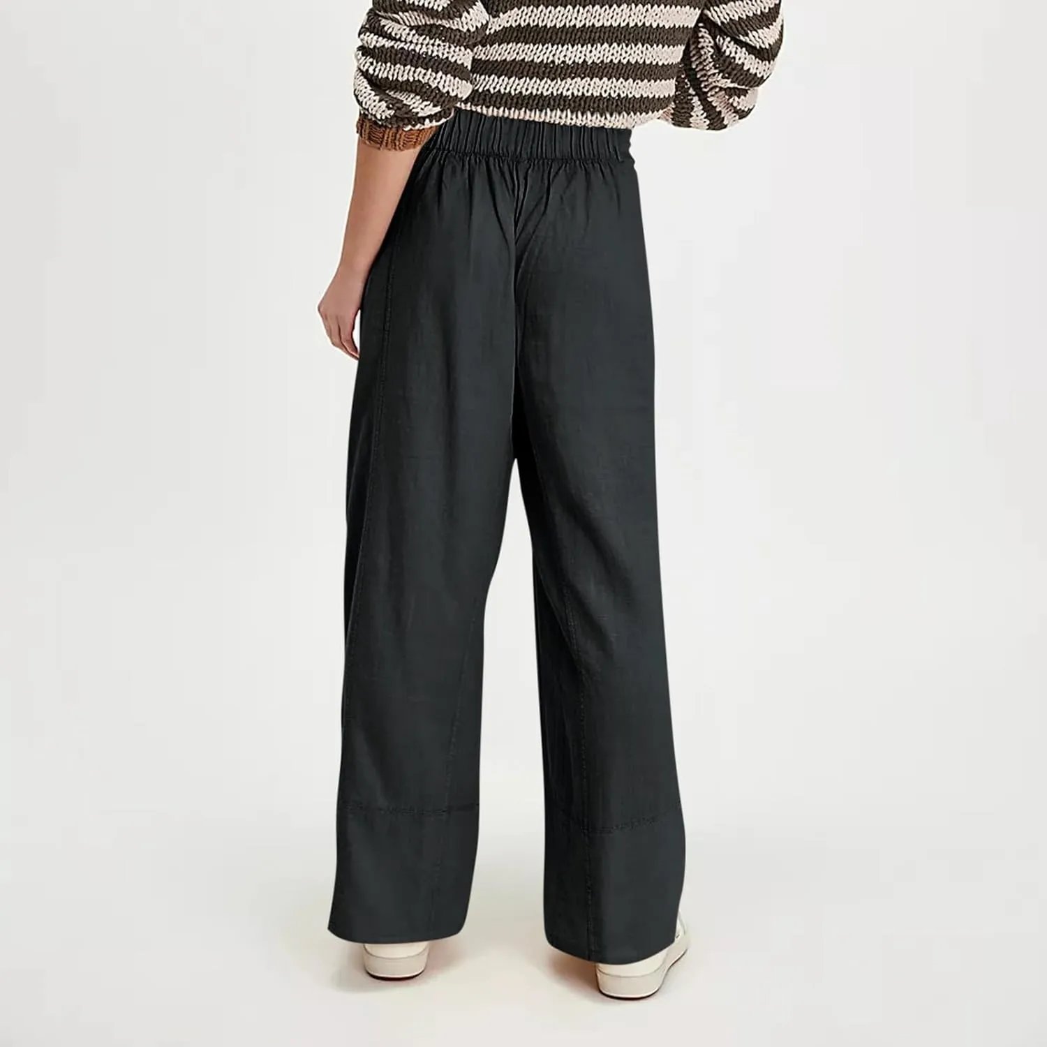 fanmpghleoo Wide Leg Linen Pants Women Summer Casual Elastic High Waisted Linen Trousers with Pockets Beach Vacation Slacks