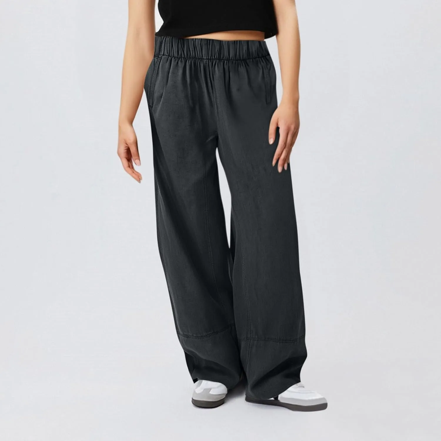 fanmpghleoo Wide Leg Linen Pants Women Summer Casual Elastic High Waisted Linen Trousers with Pockets Beach Vacation Slacks