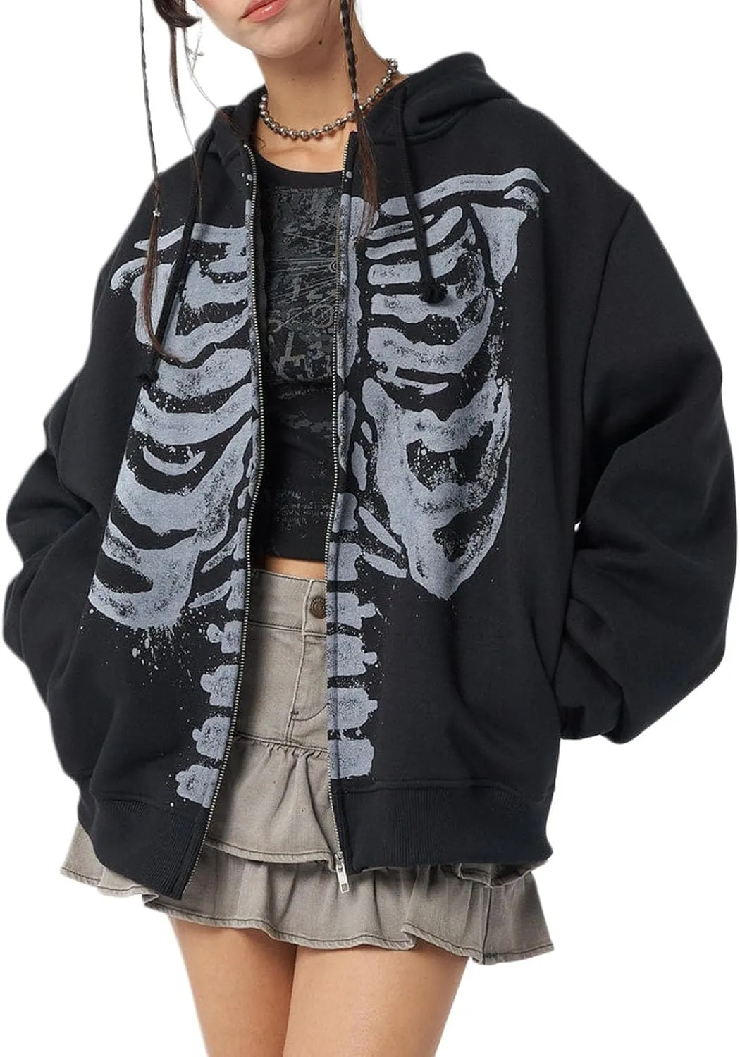 Faretumiya Women Y2k Hoodie Graphic Oversized Zip Up Sweatshirt Grunge Aesthetic Jacket Harajuku Hooded Streetwear