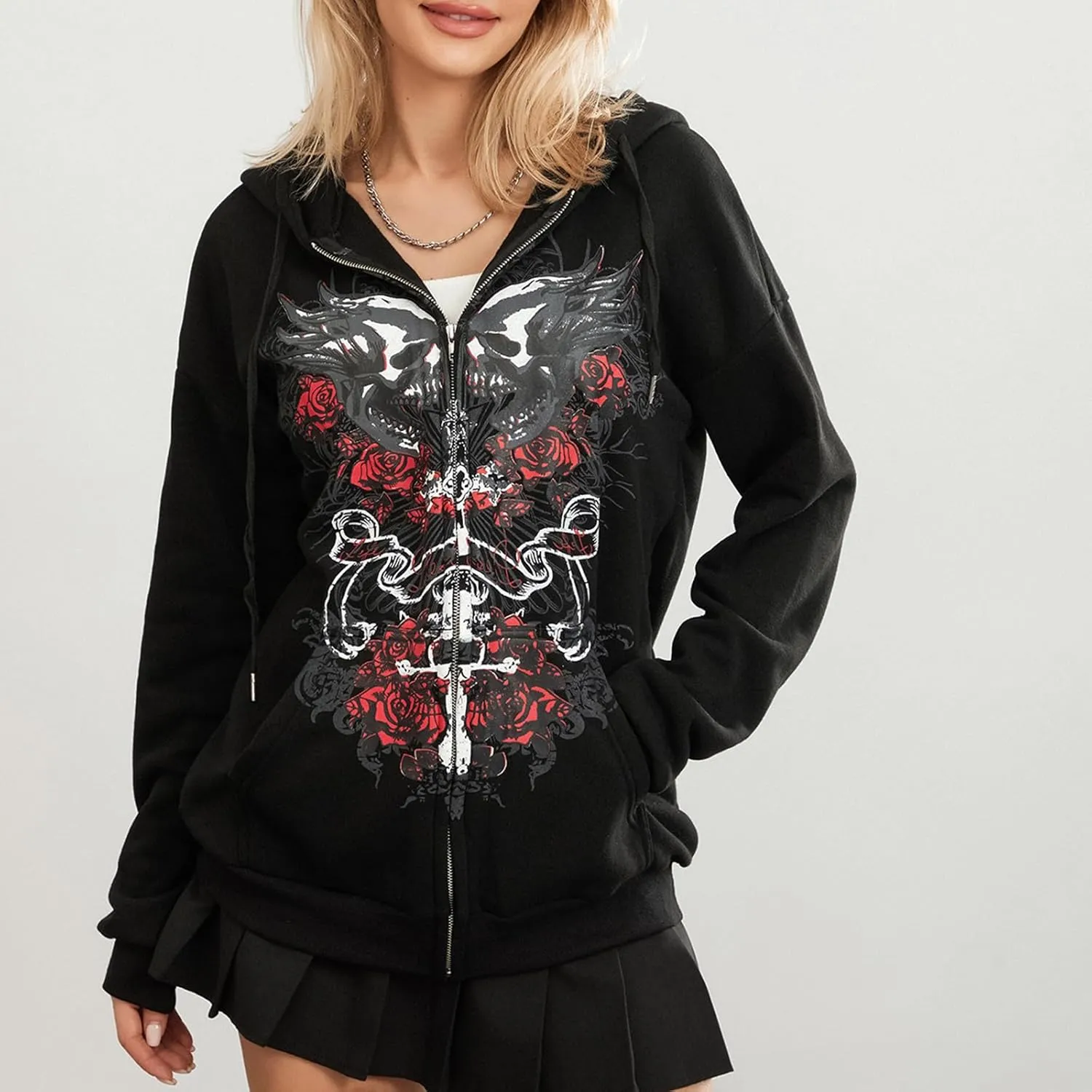 Faretumiya Women Y2k Hoodie Graphic Oversized Zip Up Sweatshirt Grunge Aesthetic Jacket Harajuku Hooded Streetwear