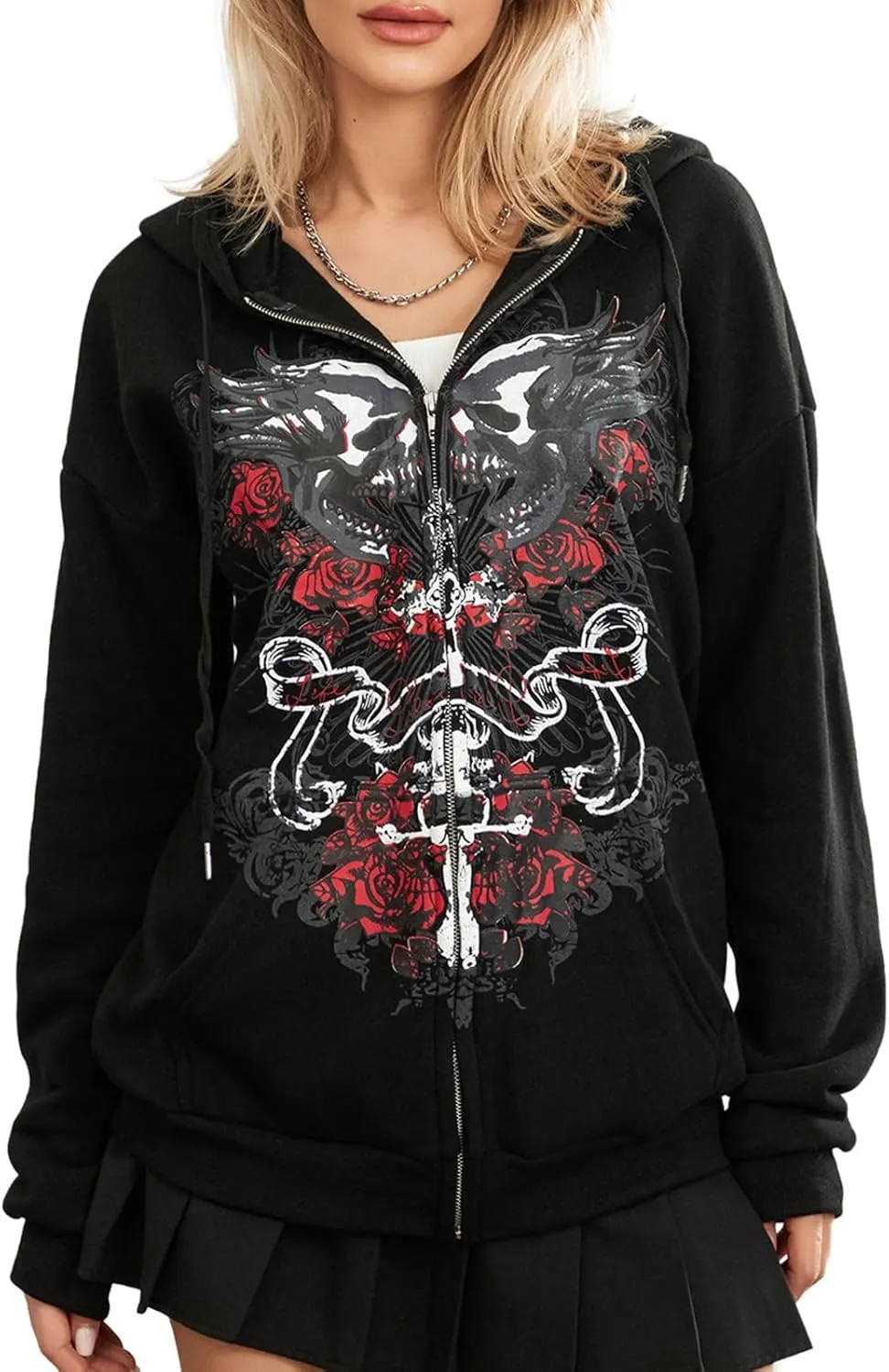 Faretumiya Women Y2k Hoodie Graphic Oversized Zip Up Sweatshirt Grunge Aesthetic Jacket Harajuku Hooded Streetwear