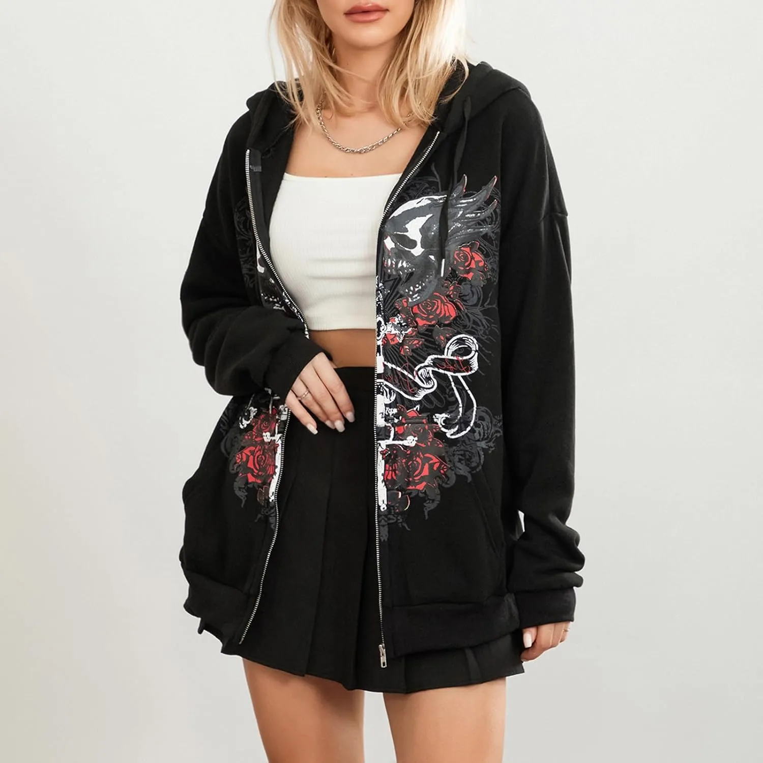 Faretumiya Women Y2k Hoodie Graphic Oversized Zip Up Sweatshirt Grunge Aesthetic Jacket Harajuku Hooded Streetwear