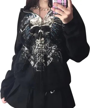 Faretumiya Women Y2k Hoodie Graphic Oversized Zip Up Sweatshirt Grunge Aesthetic Jacket Harajuku Hooded Streetwear