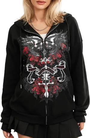 Faretumiya Women Y2k Hoodie Graphic Oversized Zip Up Sweatshirt Grunge Aesthetic Jacket Harajuku Hooded Streetwear