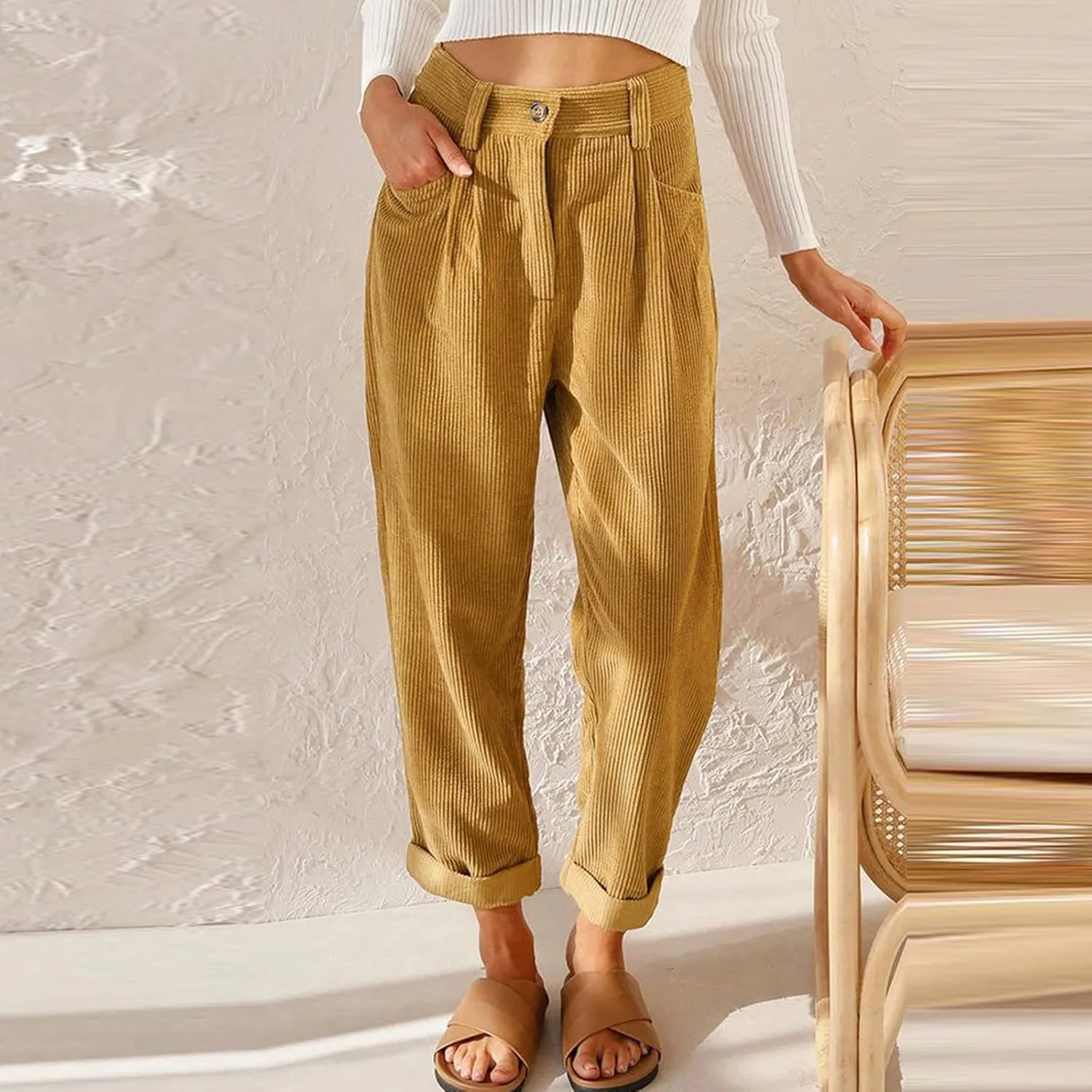 Febecool Cargo Pants Women High Waist Casual Pants Solid Color Corduroy Loose Straight Leg Trousers Women