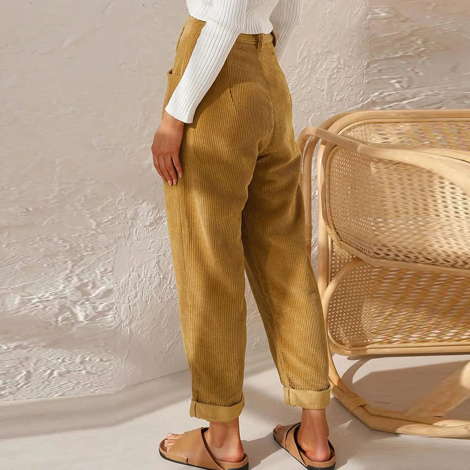 Febecool Cargo Pants Women High Waist Casual Pants Solid Color Corduroy Loose Straight Leg Trousers Women