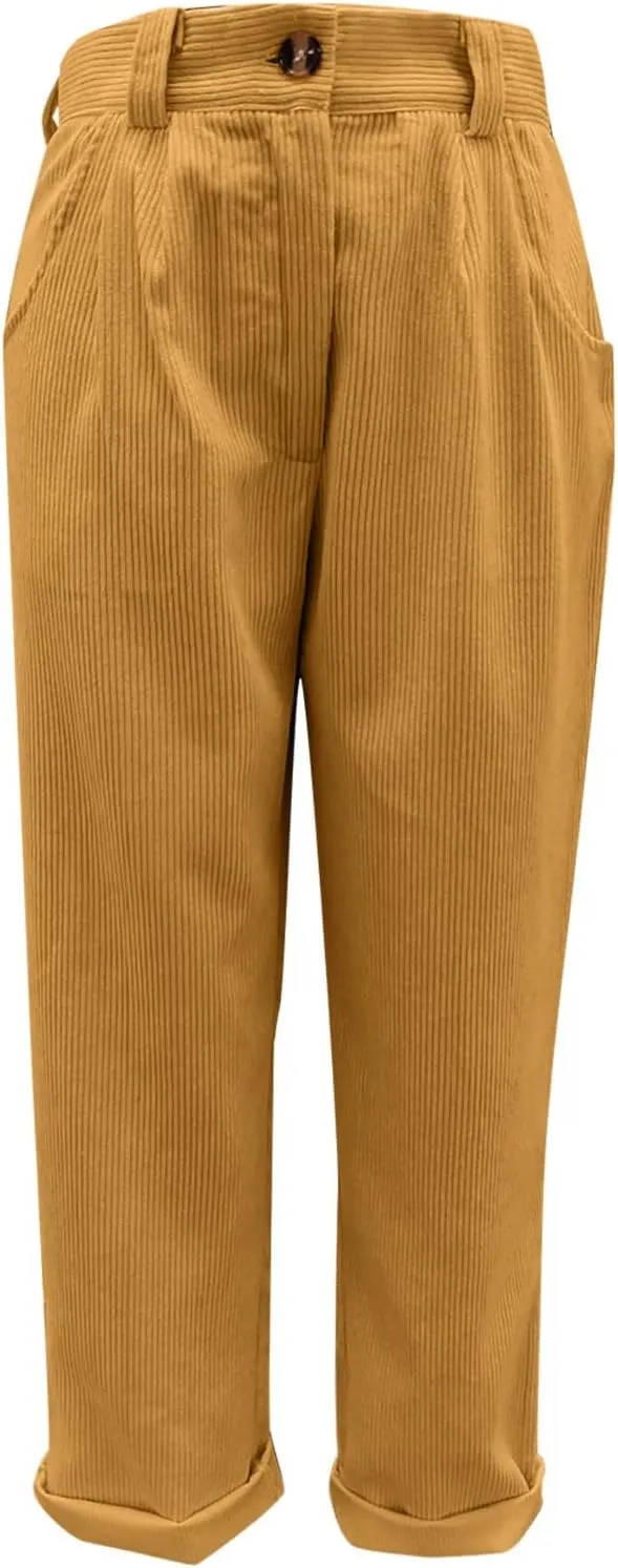 Febecool Cargo Pants Women High Waist Casual Pants Solid Color Corduroy Loose Straight Leg Trousers Women
