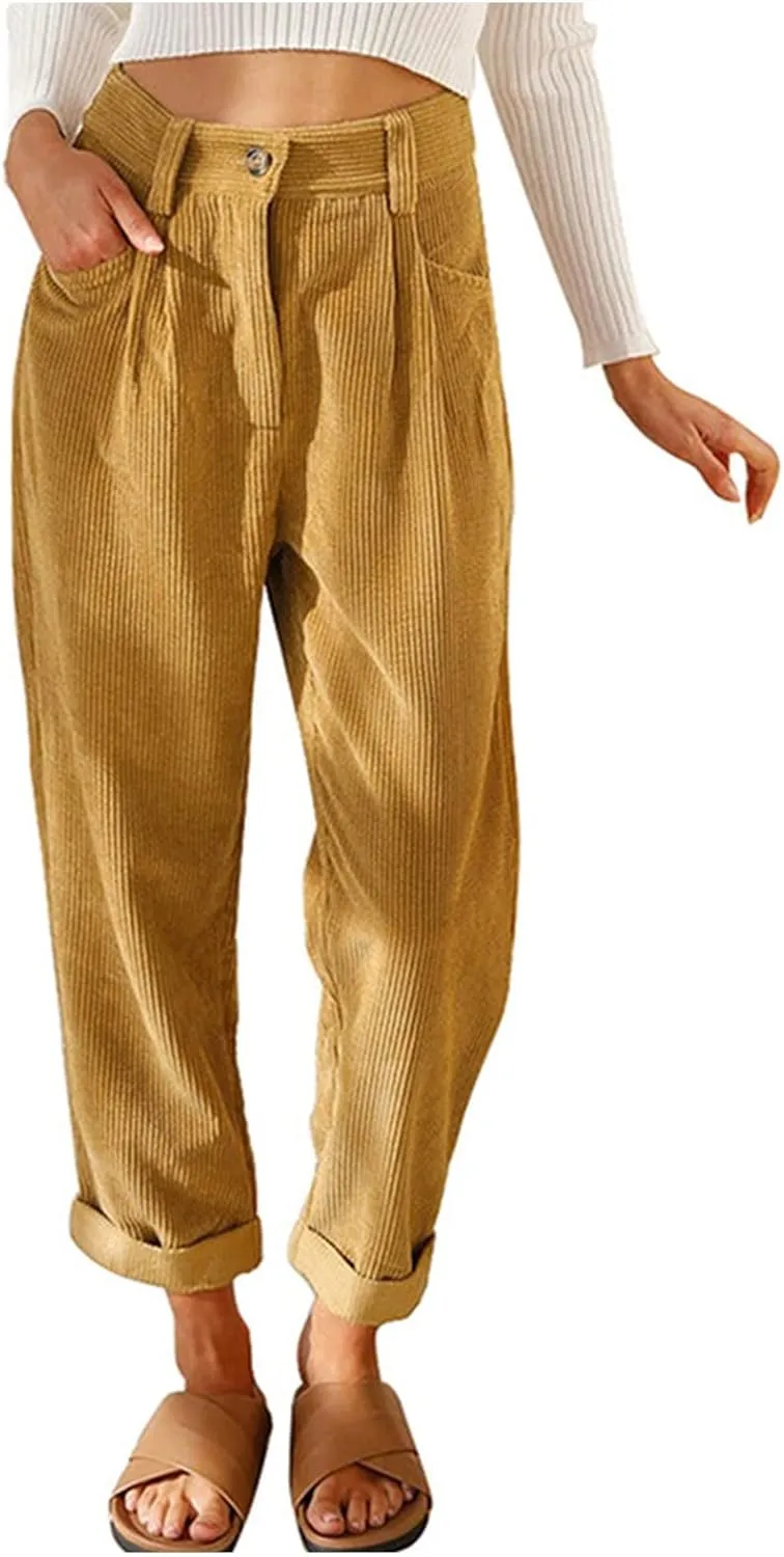 Febecool Cargo Pants Women High Waist Casual Pants Solid Color Corduroy Loose Straight Leg Trousers Women