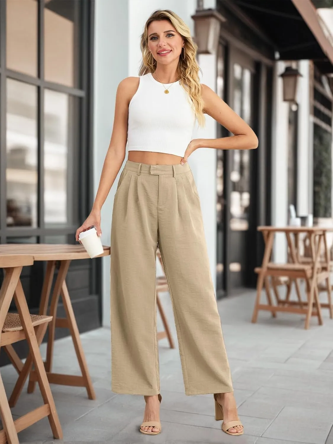 Feiersi Women's Wide Leg Pants Casual High Waisted Slacks Straight Dressy Pants Palazzo Trousers with Pockets