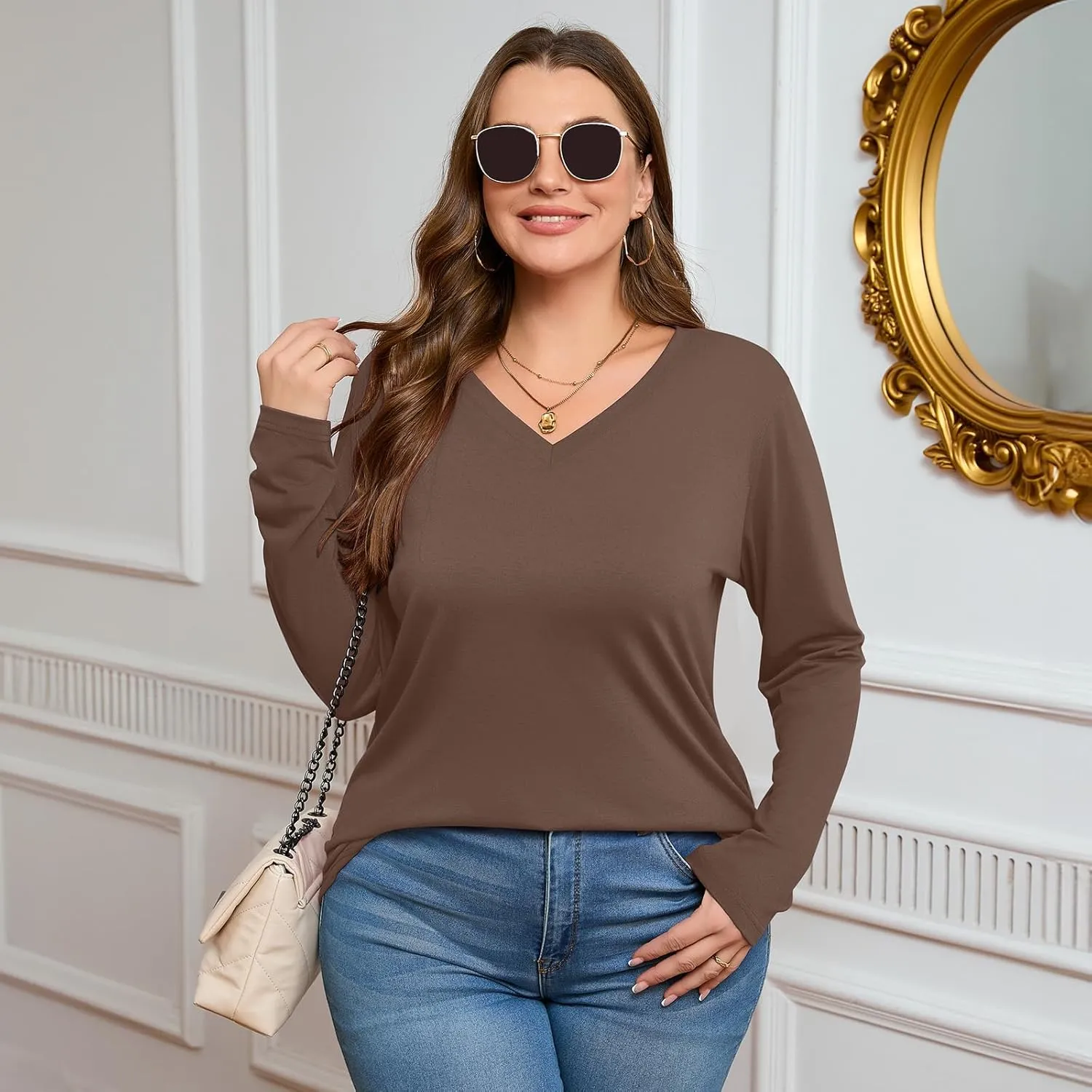 Ficerd 3 Pack Women's Plus Size T-Shirts, V Neck Long Sleeve Blouse Shirts Loose Fit Curved Hem Tees Casual Swing Tunic Tops