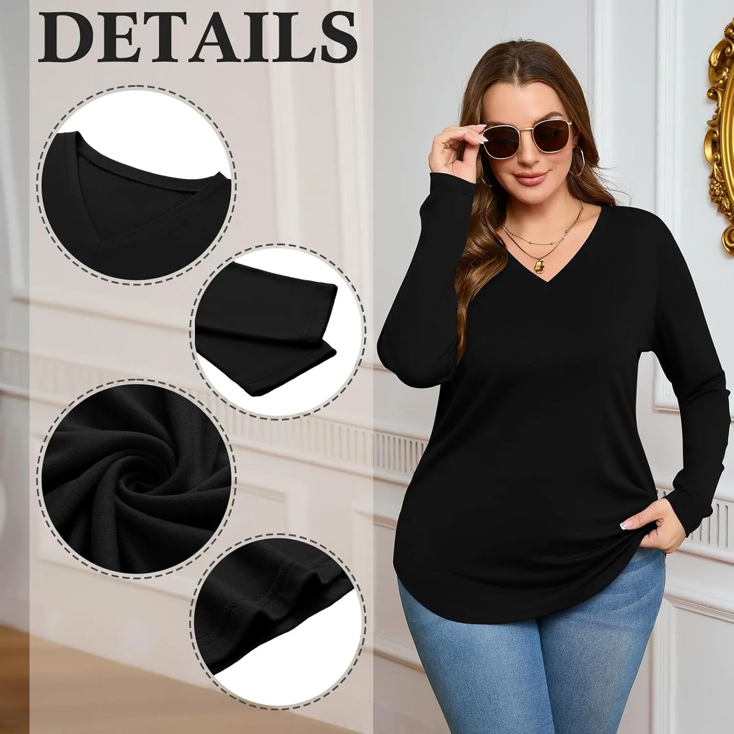 Ficerd 3 Pack Women's Plus Size T-Shirts, V Neck Long Sleeve Blouse Shirts Loose Fit Curved Hem Tees Casual Swing Tunic Tops