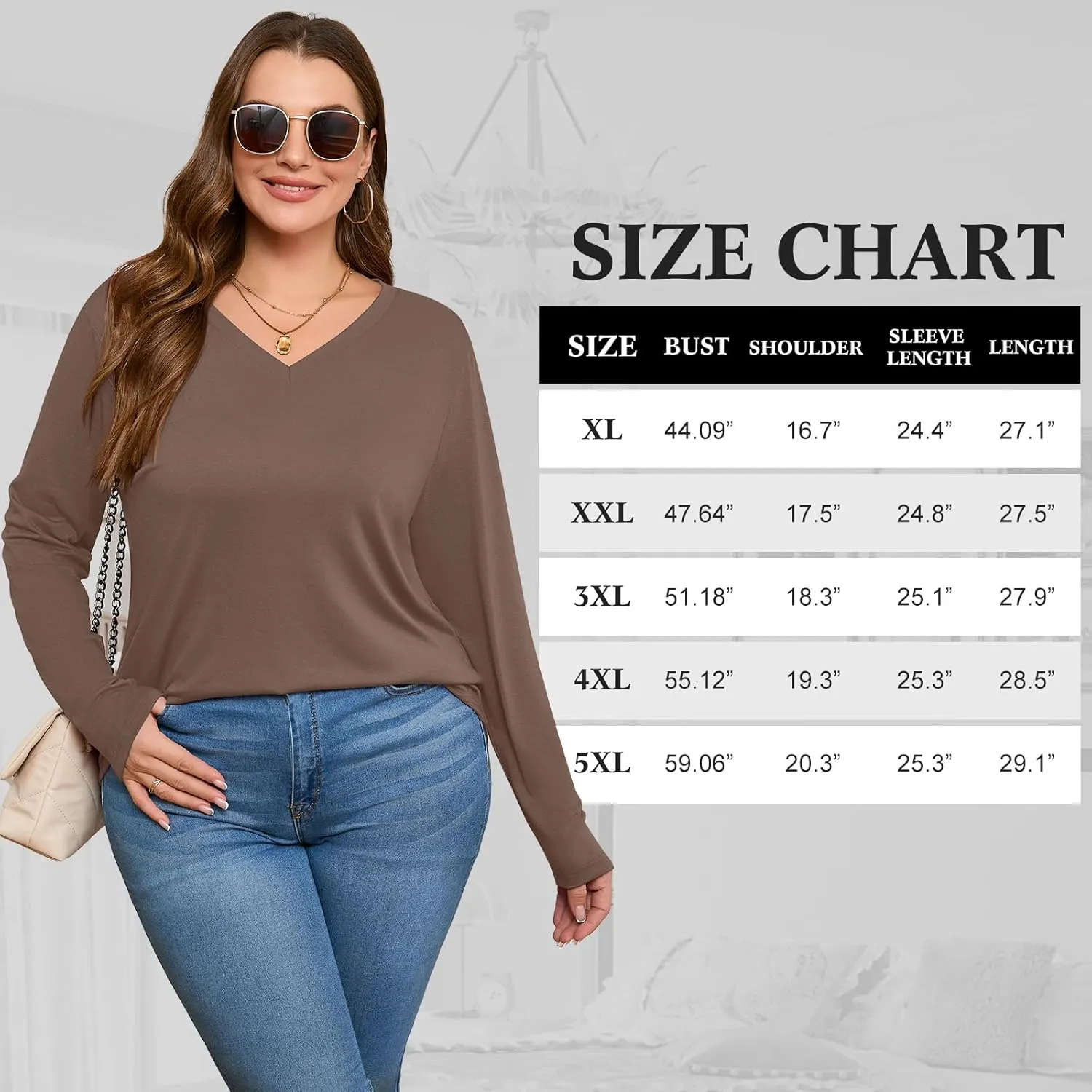 Ficerd 3 Pack Women's Plus Size T-Shirts, V Neck Long Sleeve Blouse Shirts Loose Fit Curved Hem Tees Casual Swing Tunic Tops