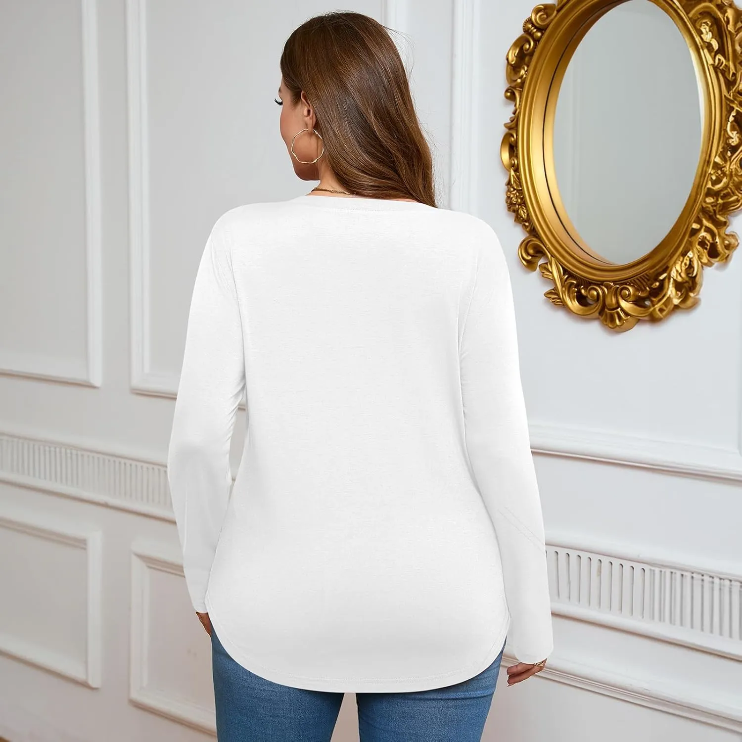 Ficerd 3 Pack Women's Plus Size T-Shirts, V Neck Long Sleeve Blouse Shirts Loose Fit Curved Hem Tees Casual Swing Tunic Tops