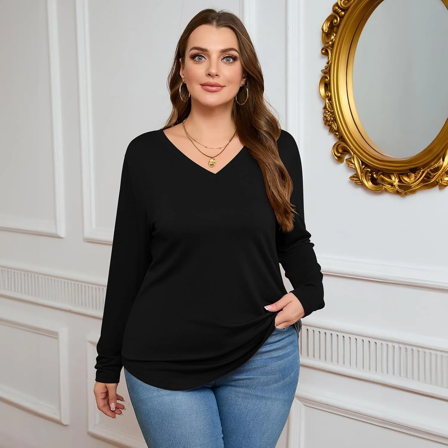 Ficerd 3 Pack Women's Plus Size T-Shirts, V Neck Long Sleeve Blouse Shirts Loose Fit Curved Hem Tees Casual Swing Tunic Tops