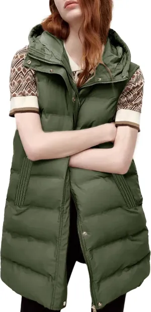 Fiona Jolin Long Puffer Vest Women Sleeveless Hooded Puffy Jacket Coat Outerwear Vest Gilet