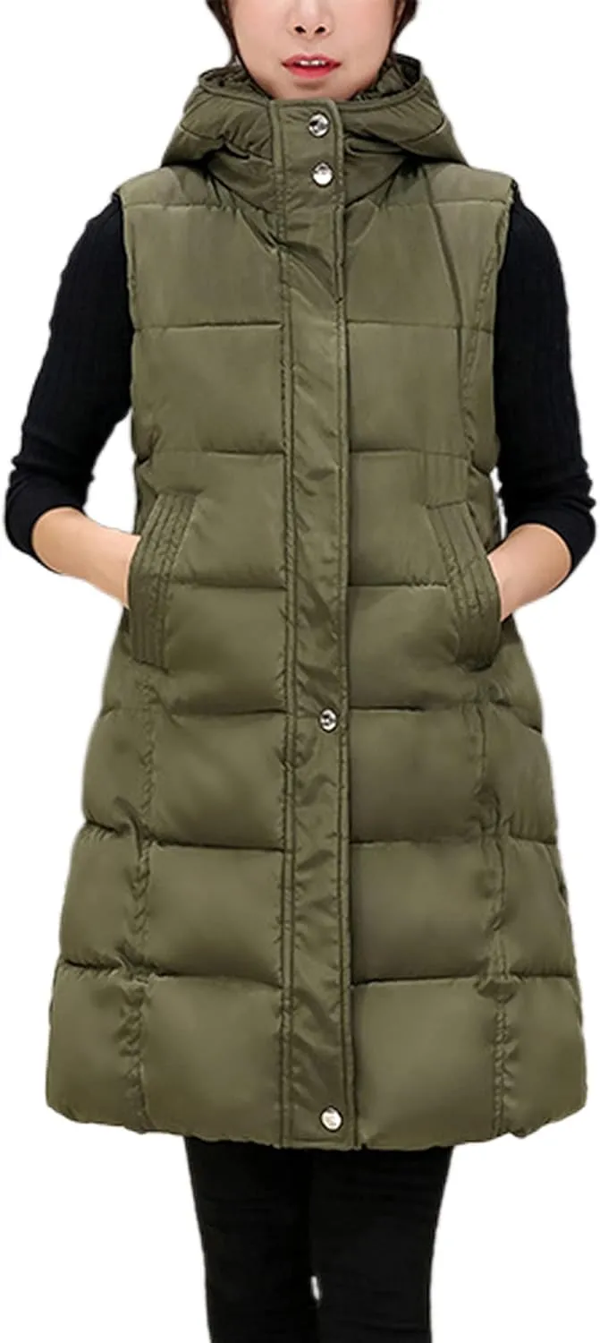 Fiona Jolin Long Puffer Vest Women Sleeveless Hooded Puffy Jacket Coat Outerwear Vest Gilet