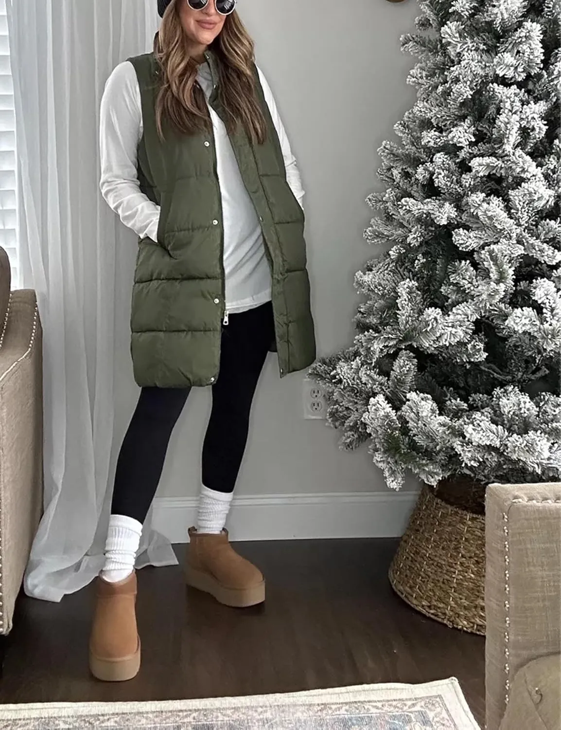 Fiona Jolin Long Puffer Vest Women Sleeveless Hooded Puffy Jacket Coat Outerwear Vest Gilet