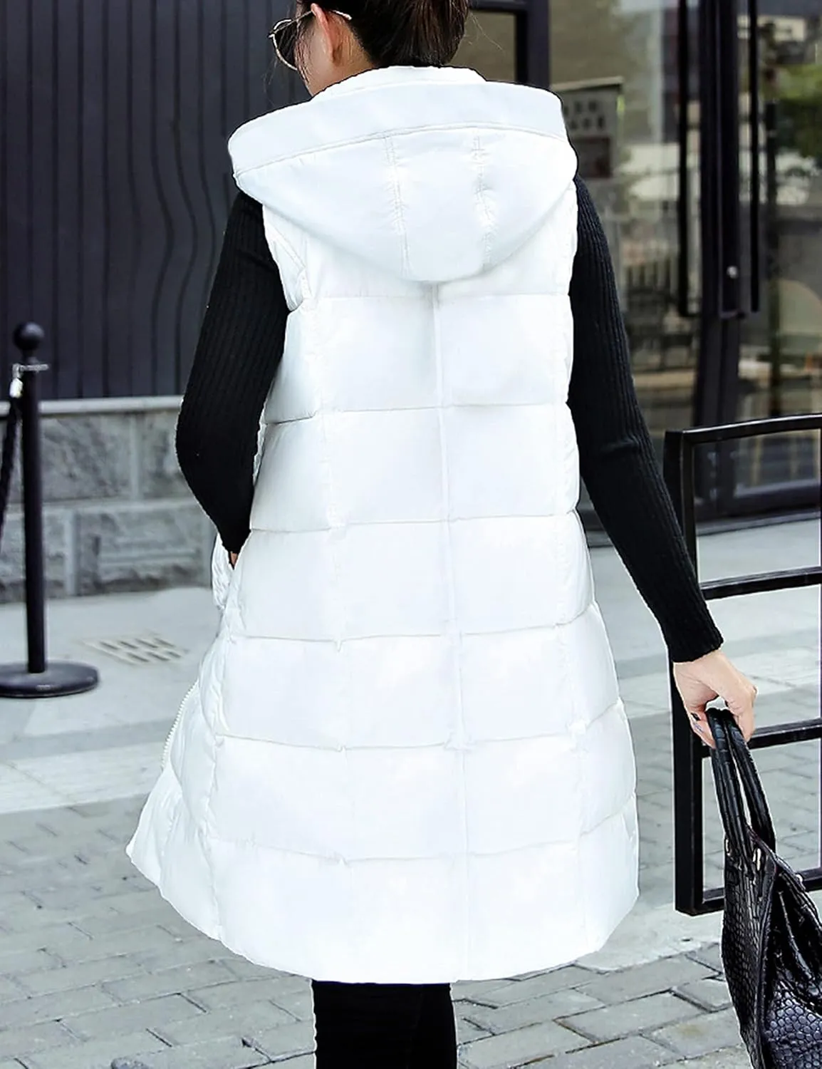 Fiona Jolin Long Puffer Vest Women Sleeveless Hooded Puffy Jacket Coat Outerwear Vest Gilet