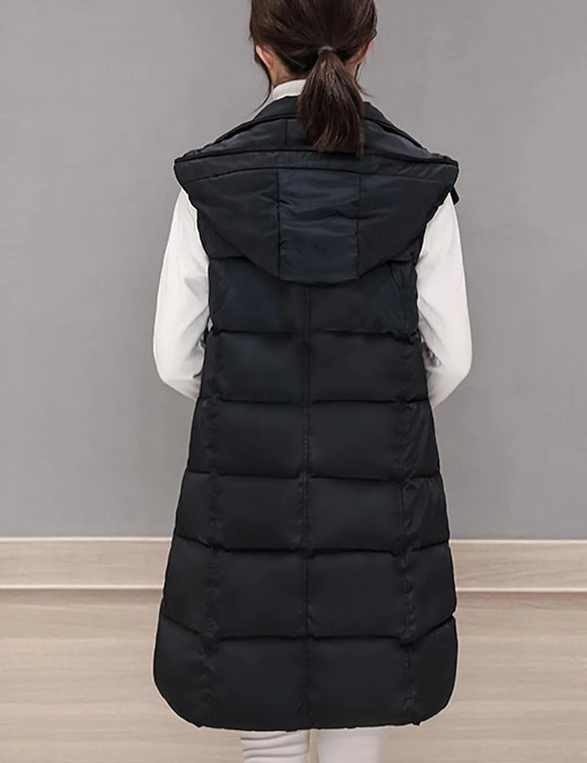 Fiona Jolin Long Puffer Vest Women Sleeveless Hooded Puffy Jacket Coat Outerwear Vest Gilet