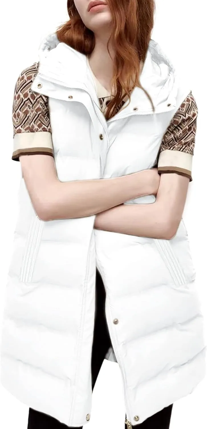 Fiona Jolin Long Puffer Vest Women Sleeveless Hooded Puffy Jacket Coat Outerwear Vest Gilet