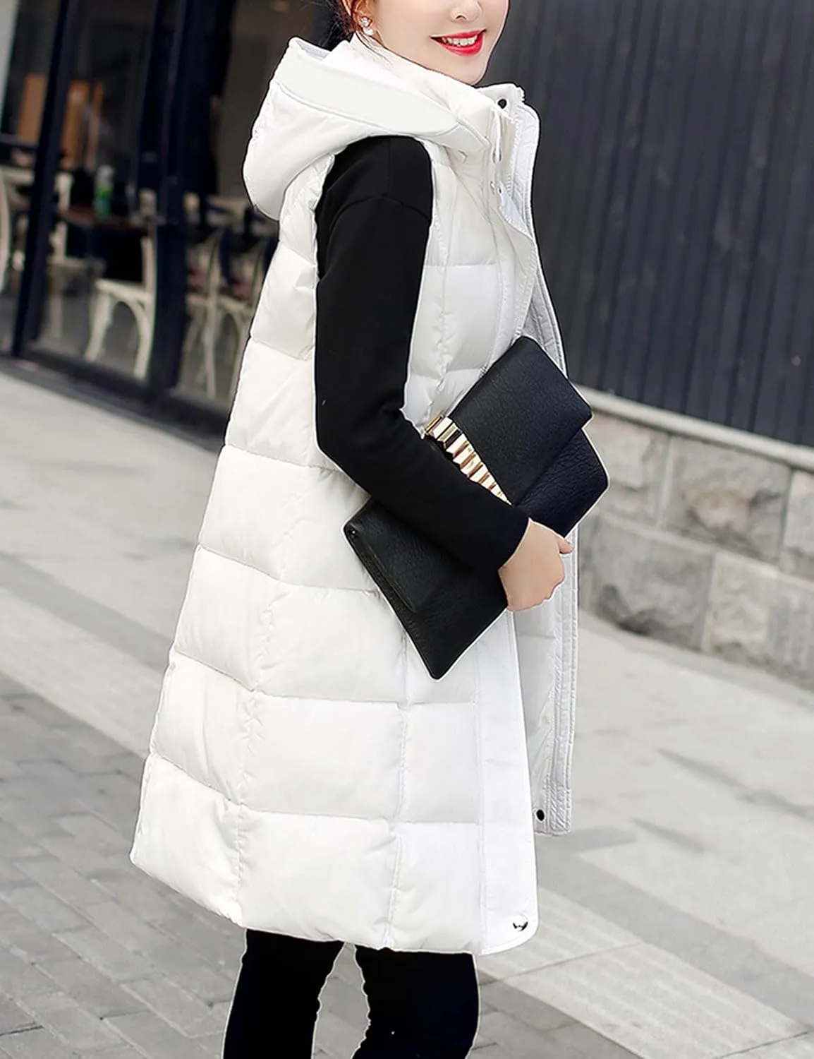 Fiona Jolin Long Puffer Vest Women Sleeveless Hooded Puffy Jacket Coat Outerwear Vest Gilet