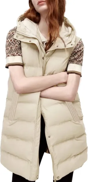 Fiona Jolin Long Puffer Vest Women Sleeveless Hooded Puffy Jacket Coat Outerwear Vest Gilet