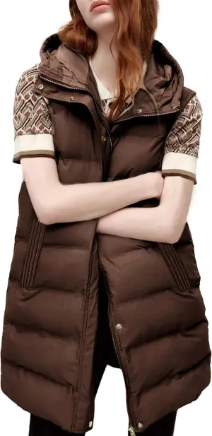 Fiona Jolin Long Puffer Vest Women Sleeveless Hooded Puffy Jacket Coat Outerwear Vest Gilet
