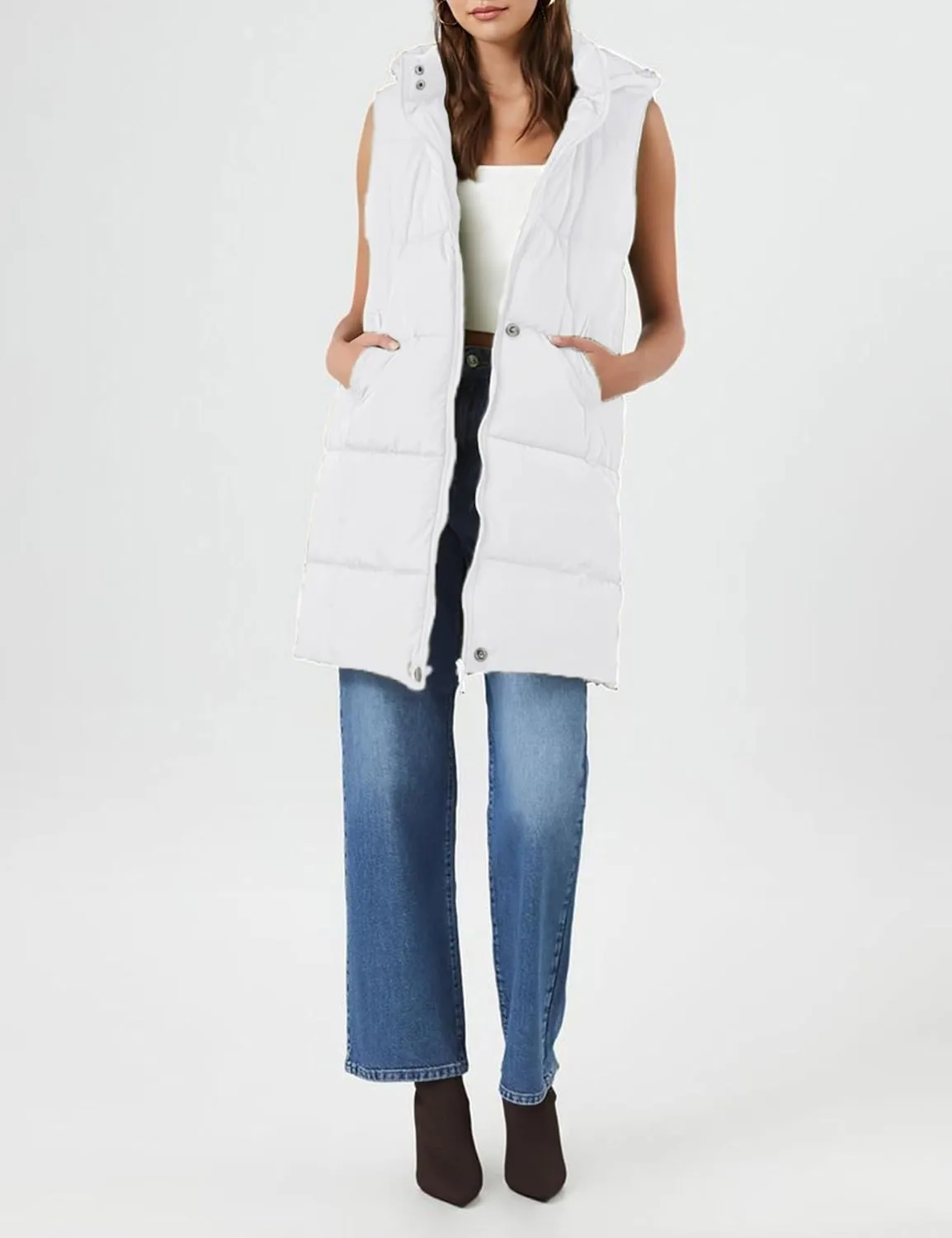 Fiona Jolin Long Puffer Vest Women Sleeveless Hooded Puffy Jacket Coat Outerwear Vest Gilet