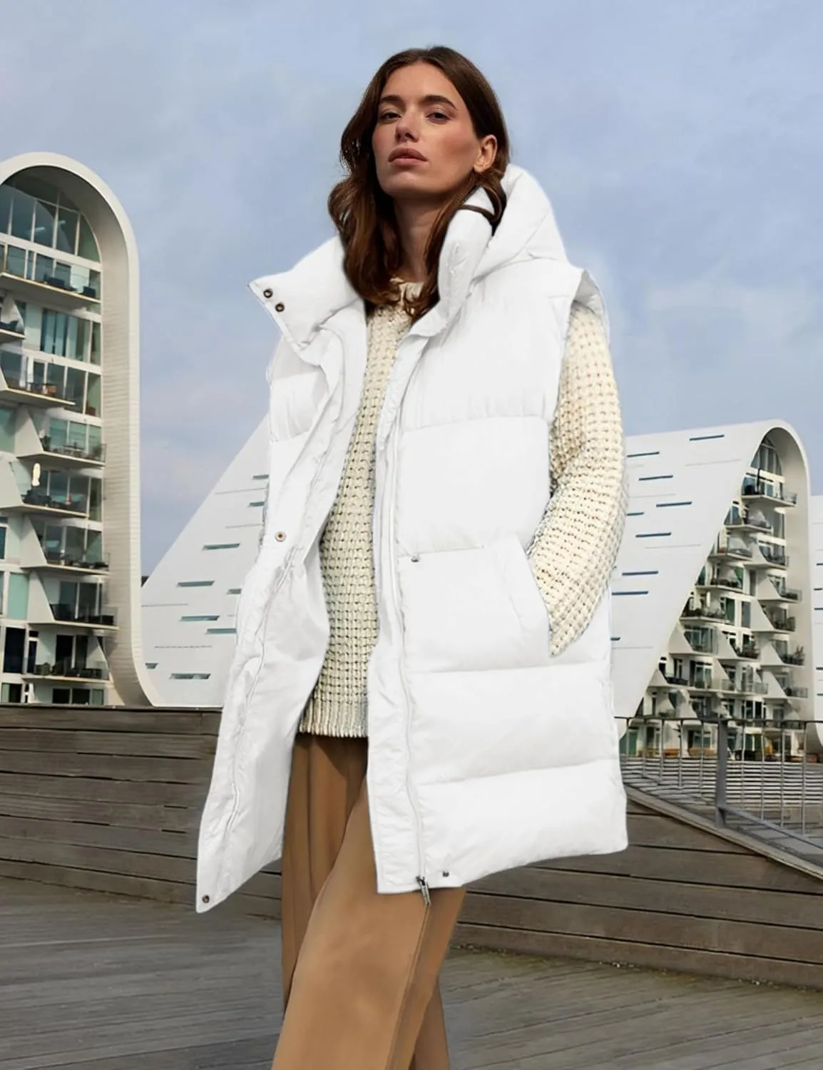 Fiona Jolin Long Puffer Vest Women Sleeveless Hooded Puffy Jacket Coat Outerwear Vest Gilet
