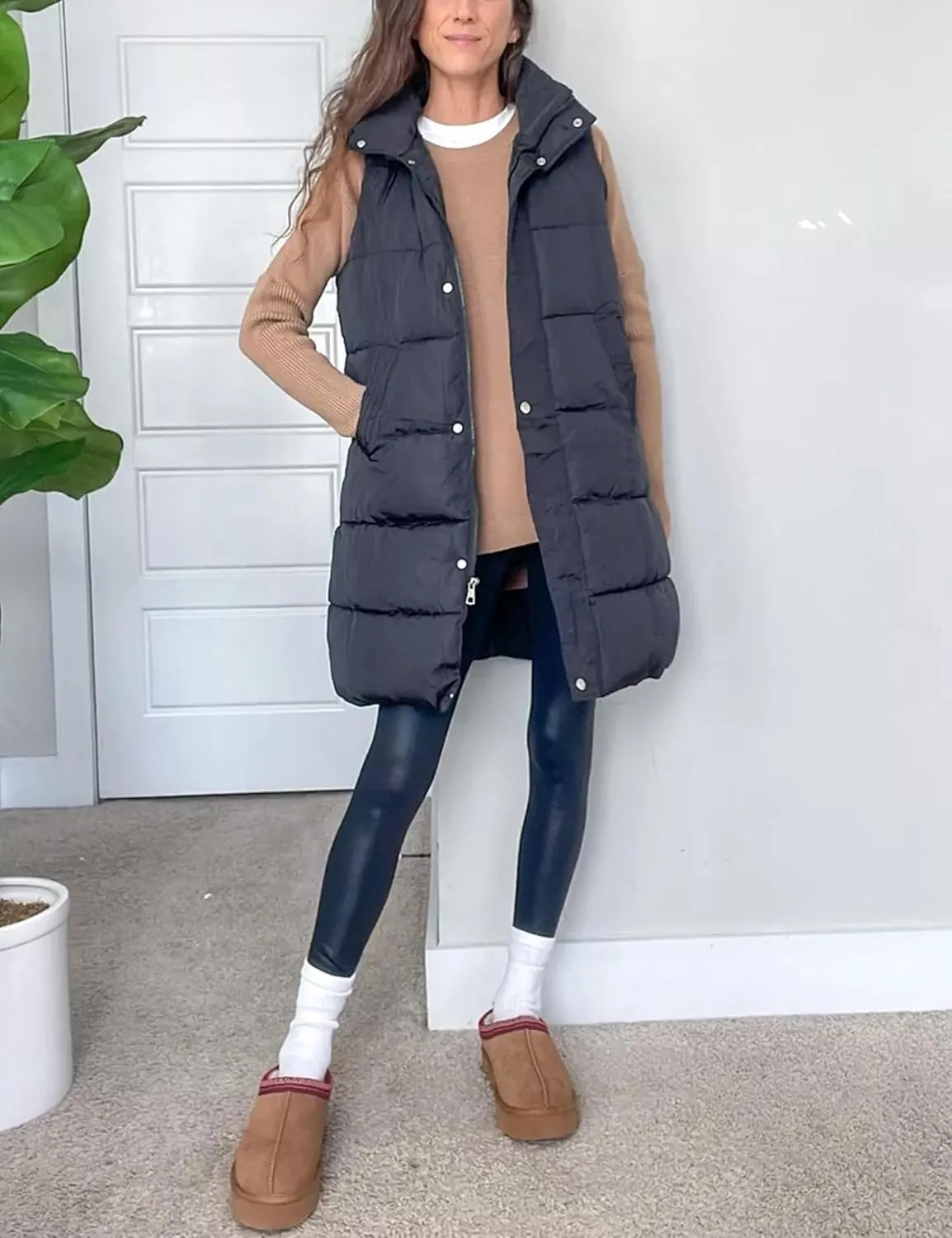 Fiona Jolin Long Puffer Vest Women Sleeveless Hooded Puffy Jacket Coat Outerwear Vest Gilet