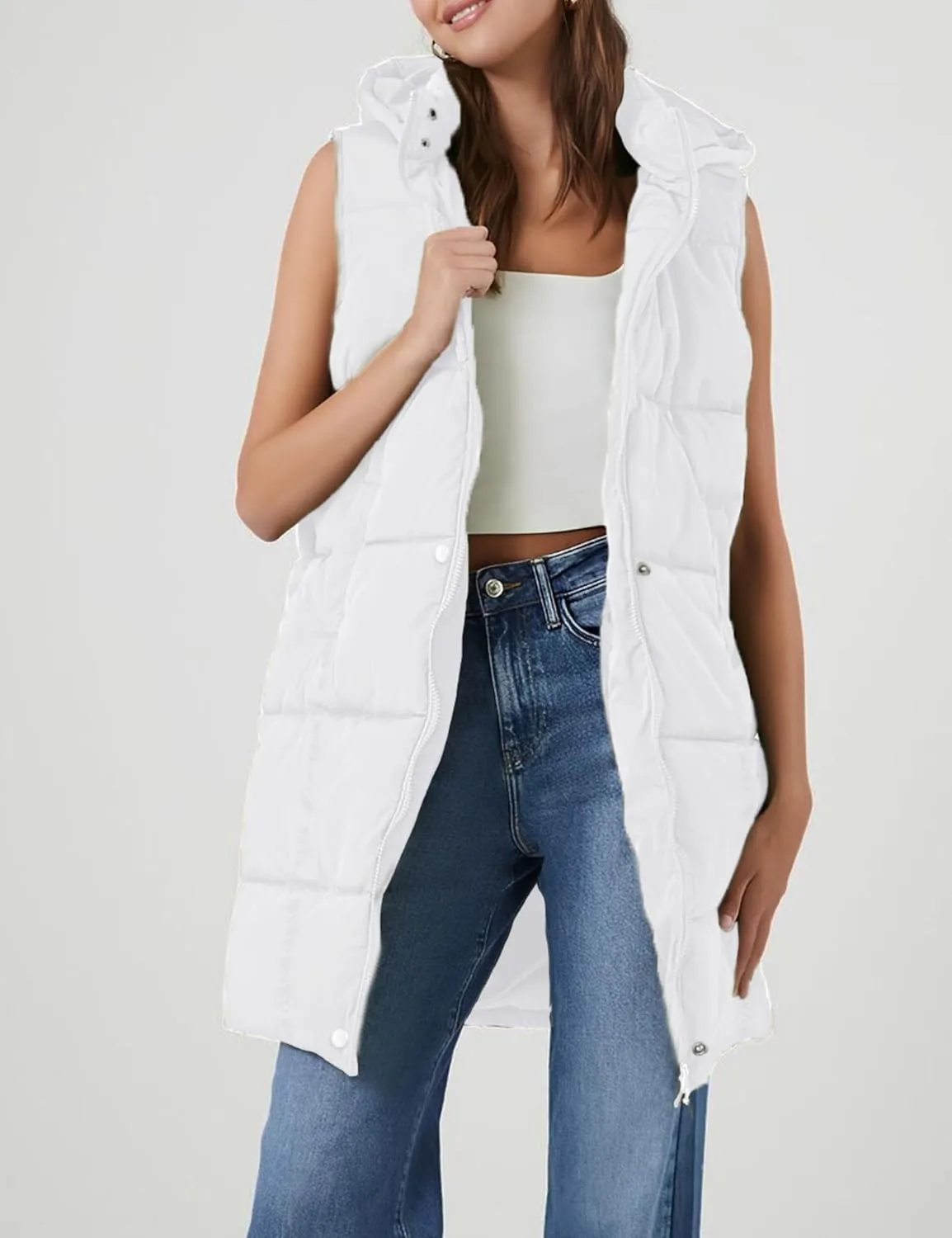 Fiona Jolin Long Puffer Vest Women Sleeveless Hooded Puffy Jacket Coat Outerwear Vest Gilet