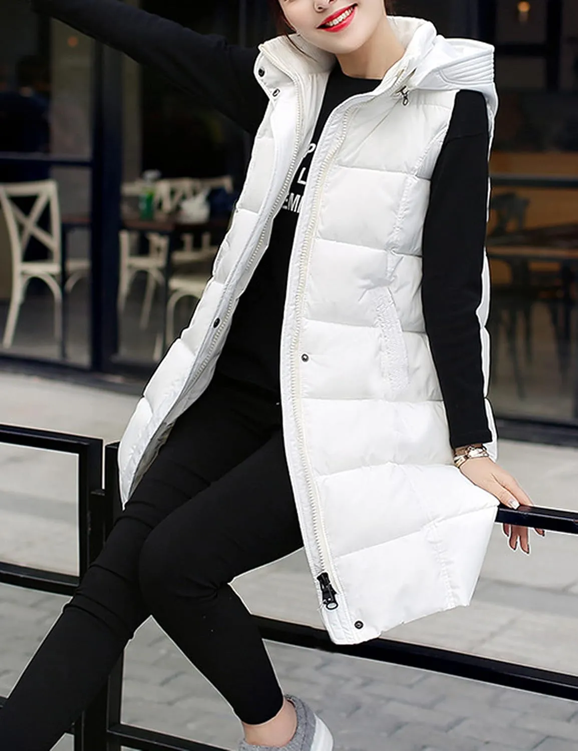 Fiona Jolin Long Puffer Vest Women Sleeveless Hooded Puffy Jacket Coat Outerwear Vest Gilet