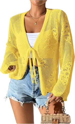 Floerns Women's Tie Front Crochet Lightweight Long Sleeve Cardigan Sweaters Boho Beach Hollow Out Lace Cover Up