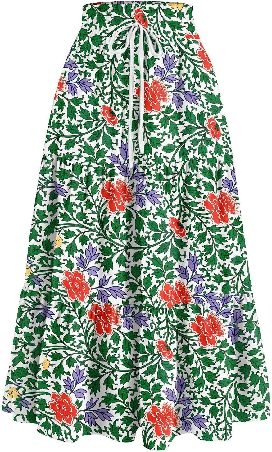 Floral Maxi Skirt for Women Summer Comfy Tiered Elastic High Waisted Skirts Vacation A-Line Flowy Swing Long Skirt