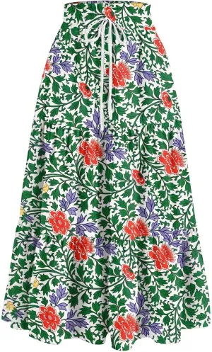 Floral Maxi Skirt for Women Summer Comfy Tiered Elastic High Waisted Skirts Vacation A-Line Flowy Swing Long Skirt