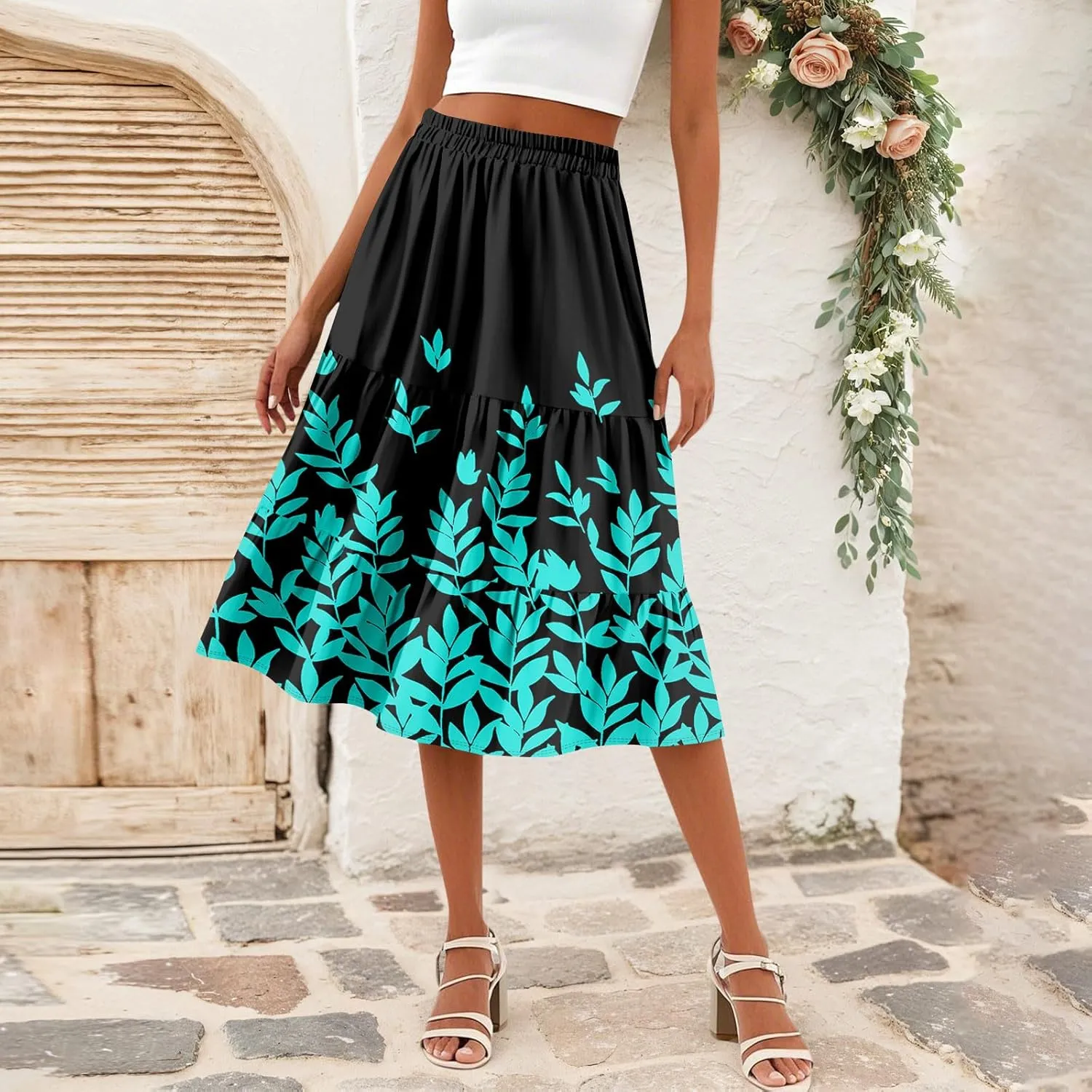 Floral Skirts for Women Boho Flowy Beach Calf Length Midi Skirt Vacation Tiered Elastic High Waisted Skirts Spring