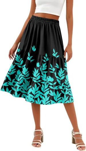 Floral Skirts for Women Boho Flowy Beach Calf Length Midi Skirt Vacation Tiered Elastic High Waisted Skirts Spring