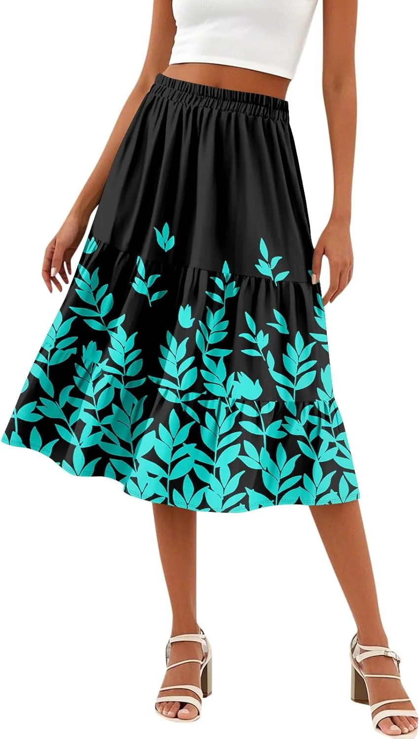 Floral Skirts for Women Boho Flowy Beach Calf Length Midi Skirt Vacation Tiered Elastic High Waisted Skirts Spring