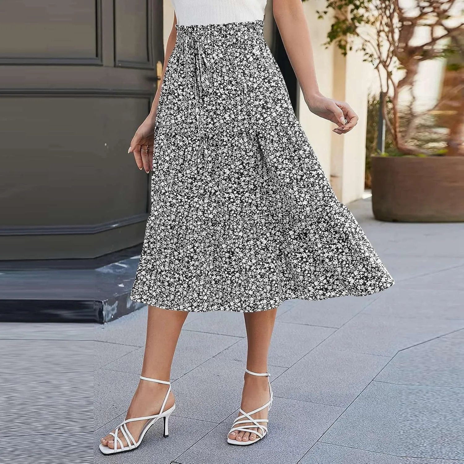 Floral Skirts for Women High Waist Tiered A Line Skirt Drawstring Waist Maxi Long Skirt Flowy Beach Pleated Skirts