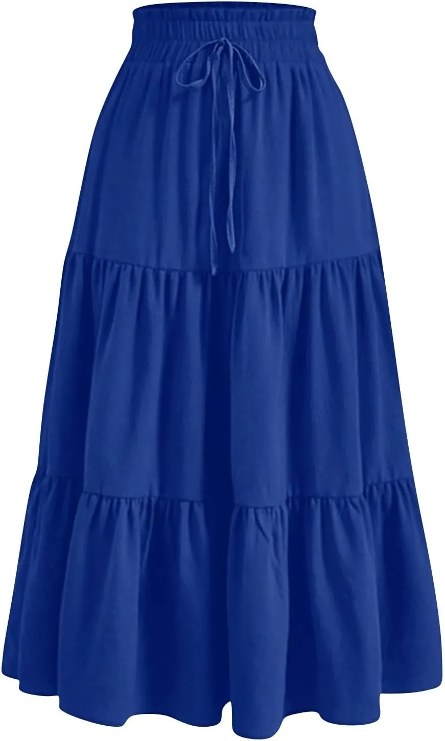 Floral Skirts for Women High Waist Tiered A Line Skirt Drawstring Waist Maxi Long Skirt Flowy Beach Pleated Skirts