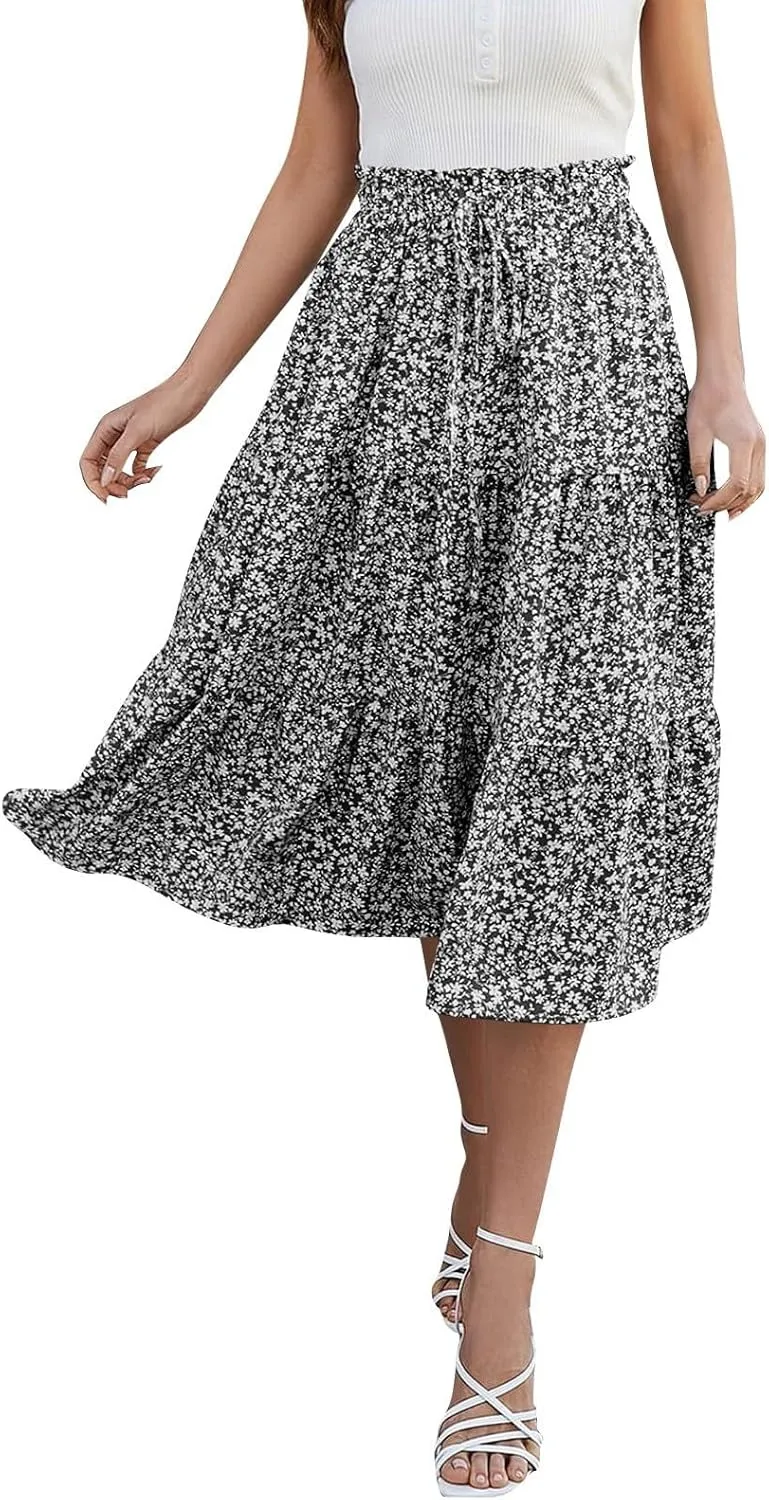 Floral Skirts for Women High Waist Tiered A Line Skirt Drawstring Waist Maxi Long Skirt Flowy Beach Pleated Skirts