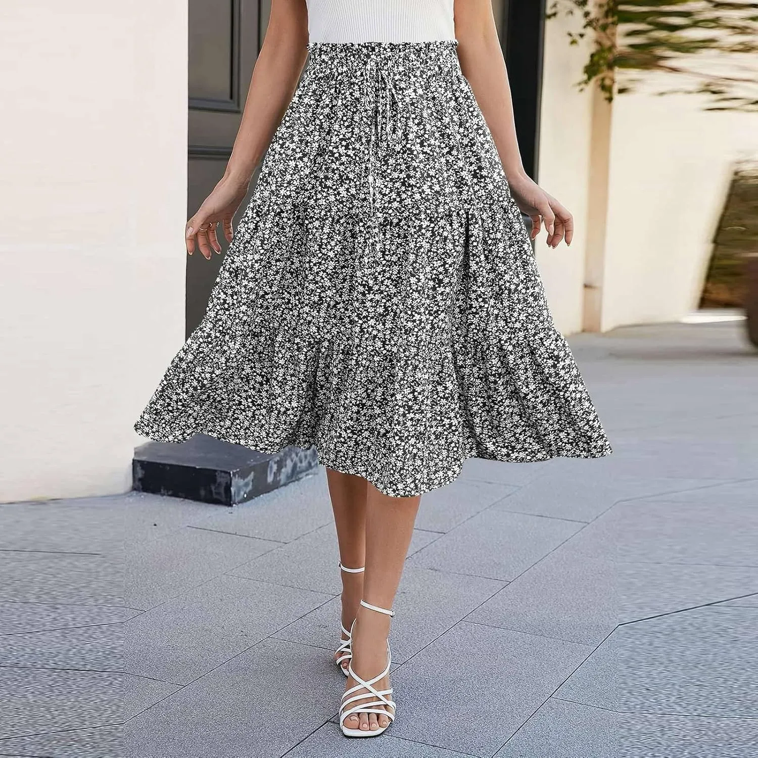 Floral Skirts for Women High Waist Tiered A Line Skirt Drawstring Waist Maxi Long Skirt Flowy Beach Pleated Skirts