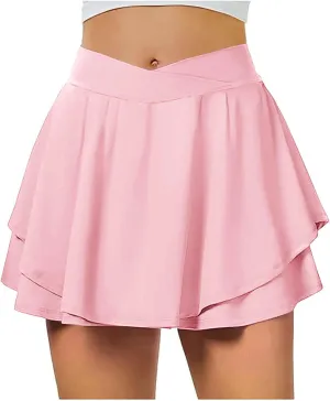 Flowy Skirts for Women Layered Ruffle Mini Skirts Solid Color Summer High Waisted Sports Athletic Yoga Golf Skirt