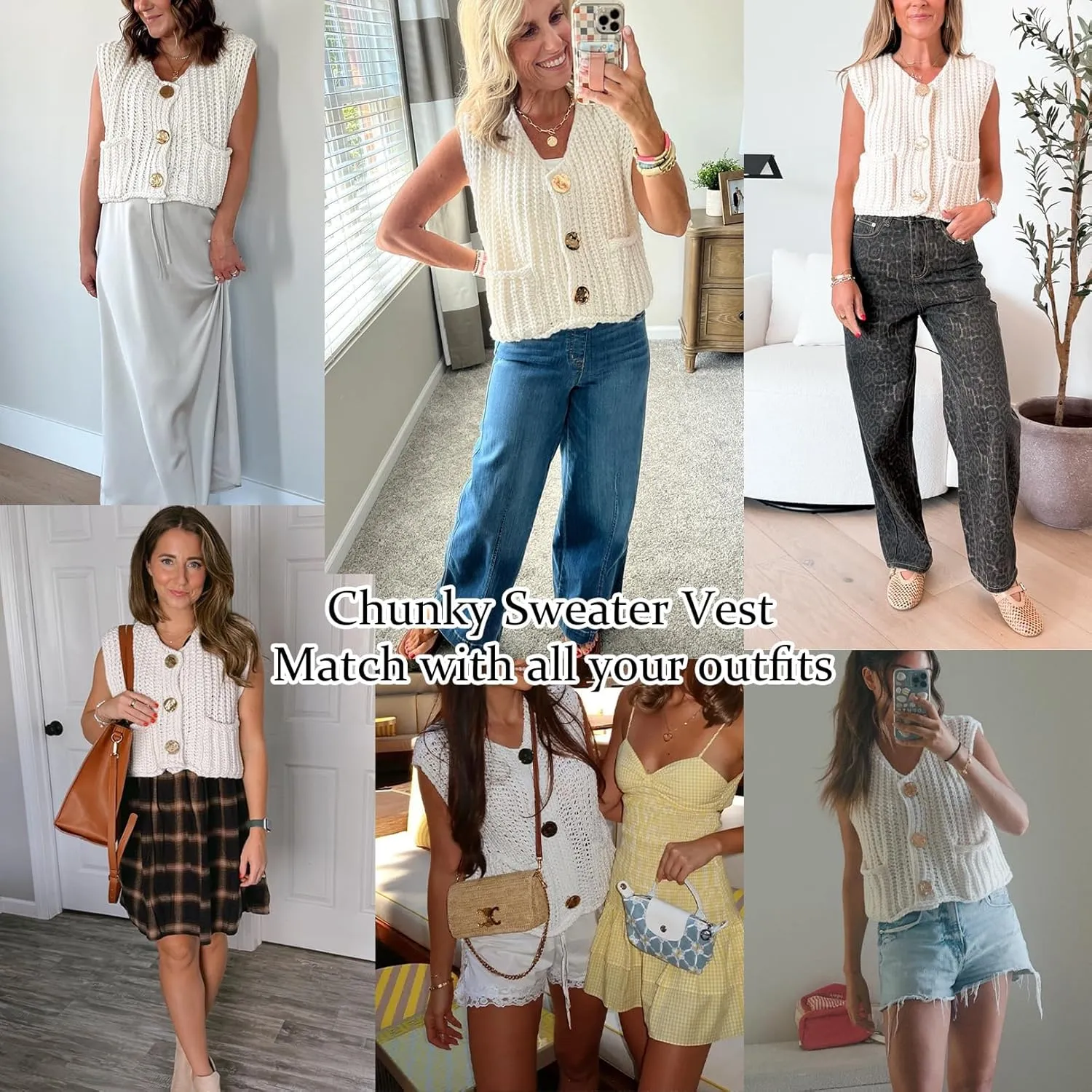 Flygo Womens Sleeveless Sweater Vest 2025 Spring Summer Crop Knit Top Chunky Crochet Button Cardigan Sweaters