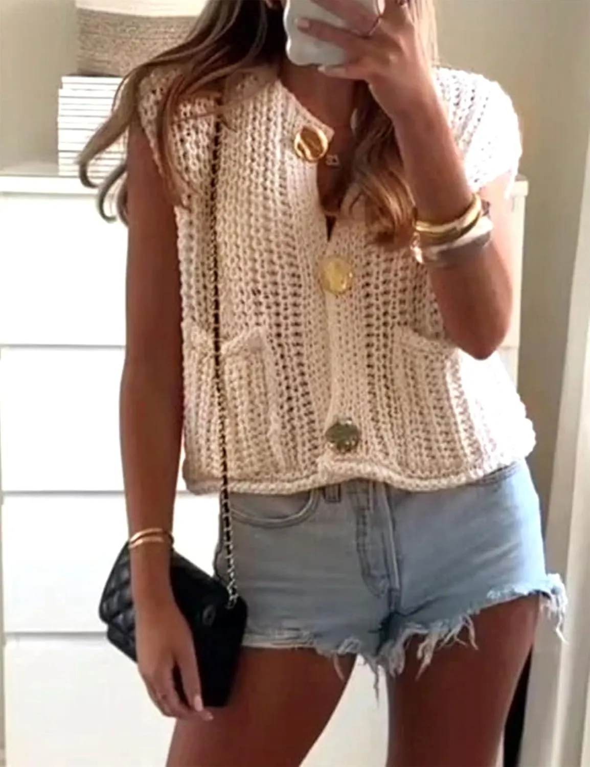 Flygo Womens Sleeveless Sweater Vest 2025 Spring Summer Crop Knit Top Chunky Crochet Button Cardigan Sweaters
