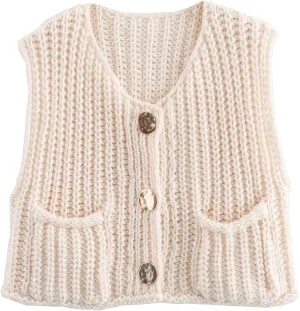 Flygo Womens Sleeveless Sweater Vest 2025 Spring Summer Crop Knit Top Chunky Crochet Button Cardigan Sweaters